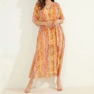 GUESS by Marciano Orange/Yellow SnakeSkin Print Pleated Sonora Kaftan Maxi Dress